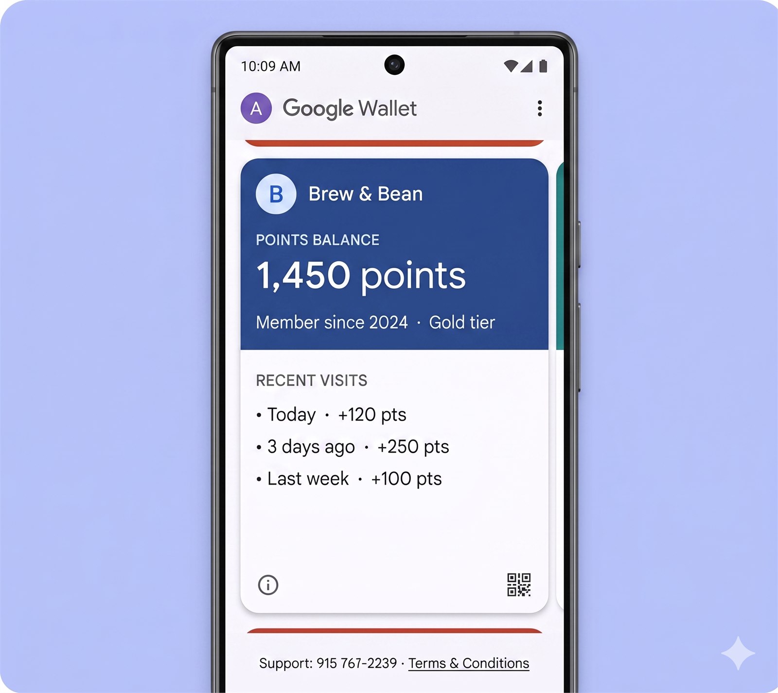 Phone showing a loyalty pass with points balance and recent visits