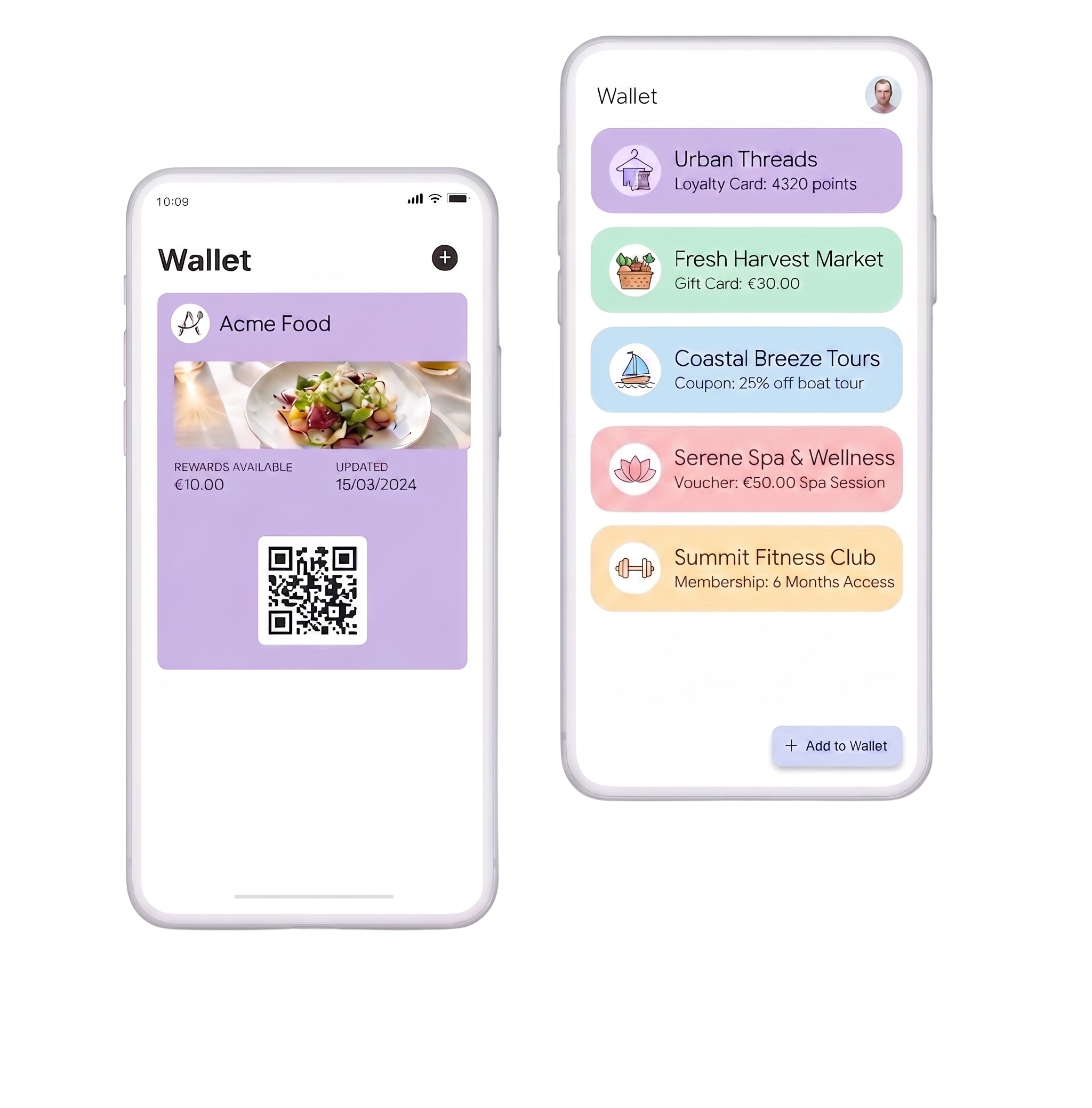 Two phones showing Google Wallet with a loyalty card and a list of vouchers